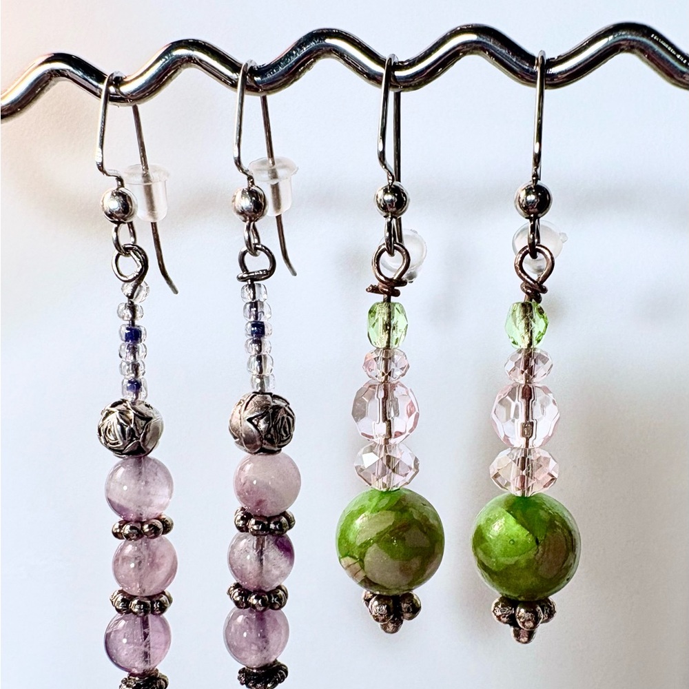 Earrings Pierced Handcrafted Unique Lavender Glass + Silver Metal & Green + Pink